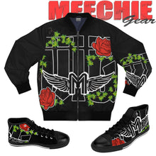 Load image into Gallery viewer, Black High-Top Meechie Gear Sneakers with Winged 'M' & Red Rose Design