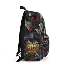 Load image into Gallery viewer, Rock Skull Backpack — 'Hold It Together' Gothic Rose Guitarist Design