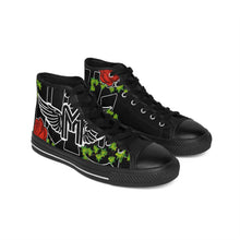 Load image into Gallery viewer, Black High-Top Meechie Gear Sneakers with Winged 'M' &amp; Red Rose Design
