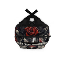 Load image into Gallery viewer, Rock Skull Backpack — 'Hold It Together' Gothic Rose Guitarist Design
