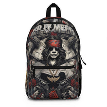 Load image into Gallery viewer, Rock Skull Backpack — 'Hold It Together' Gothic Rose Guitarist Design
